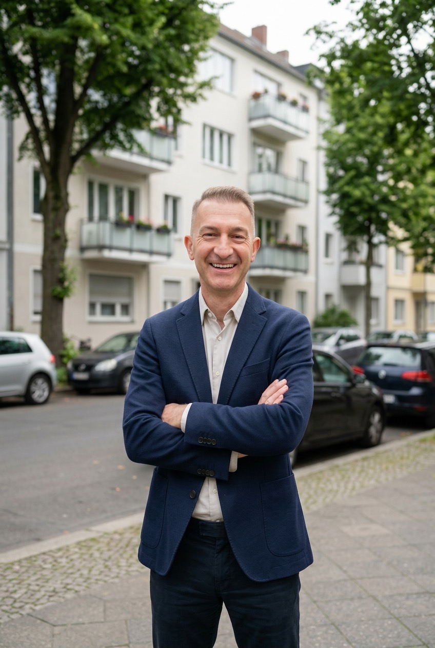 Eric Promm vor einem modernen Wohngebäude